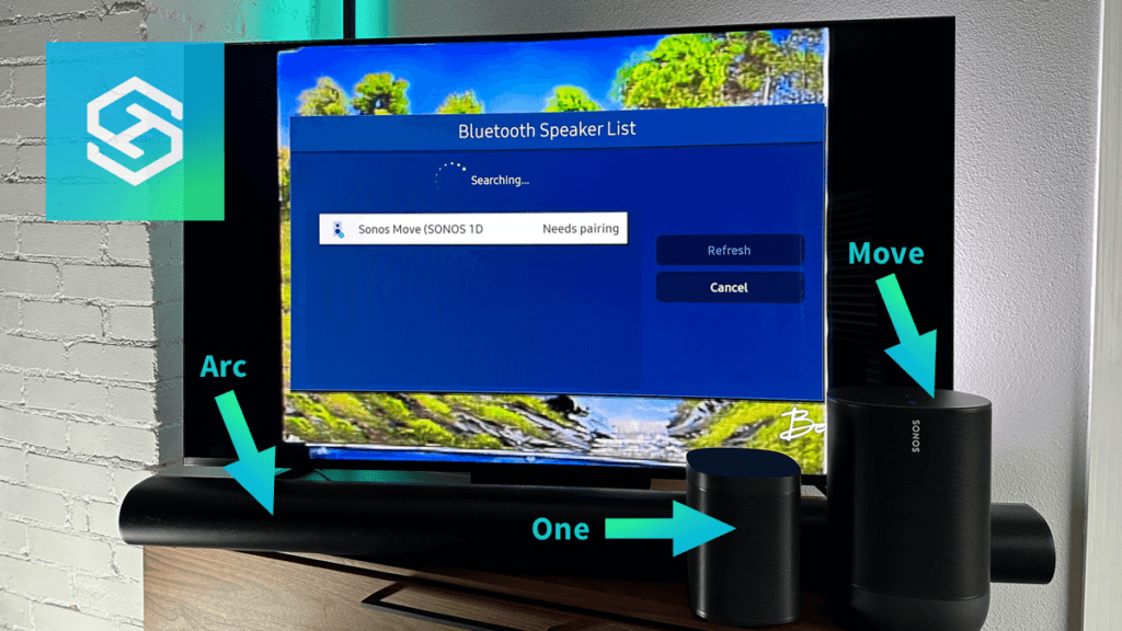 Sonos speakers in front of Samsung TV