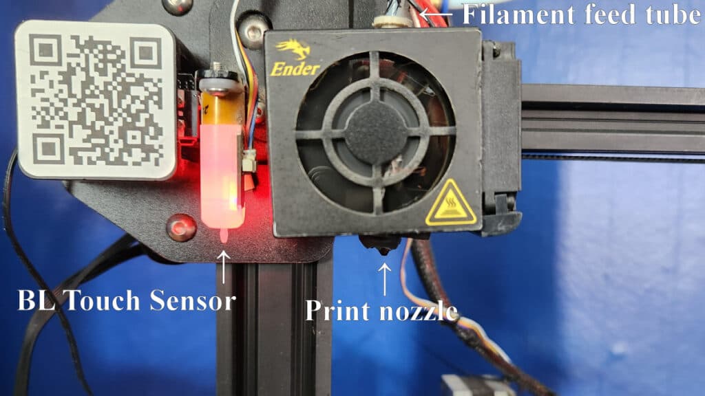 Ender 3 printer with BL Touch sensor, print nozzle, and feed tube illusttrated.