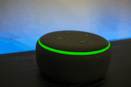 Close up on Echo Dot with green lights