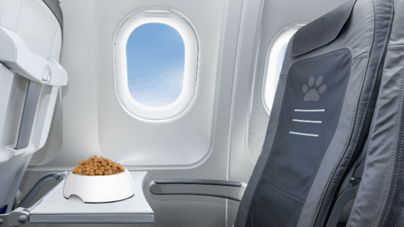 Pet food in a bowl on a tray inside an airplane.