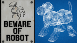 robot dog image with words "Beware of robot dog"