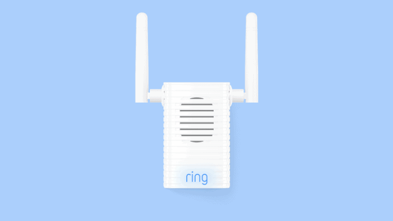 ring chime pro with antenna up on blue table.