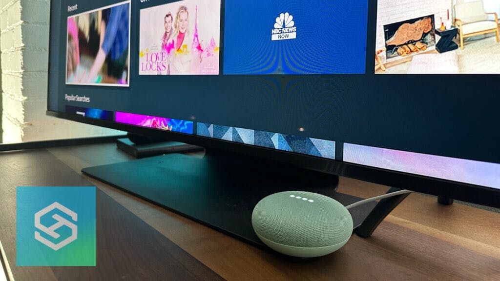 Google Nest Mini in front of smart tv