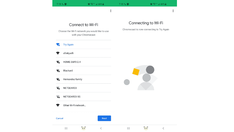 Smartphone screen with google app connecting to wifi network. 