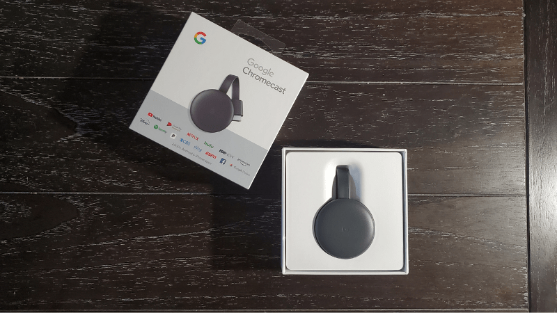 google chromecast with product box open on table