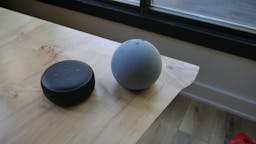 two echo dots side by side on table