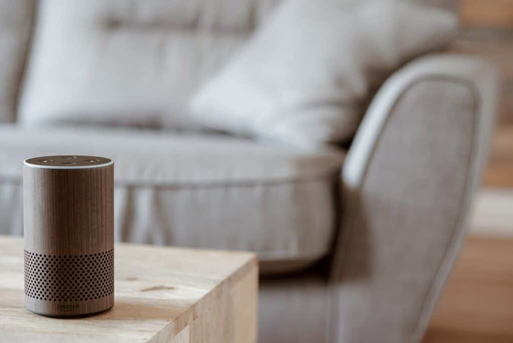 Amazon Echo Speaker on table in living room.