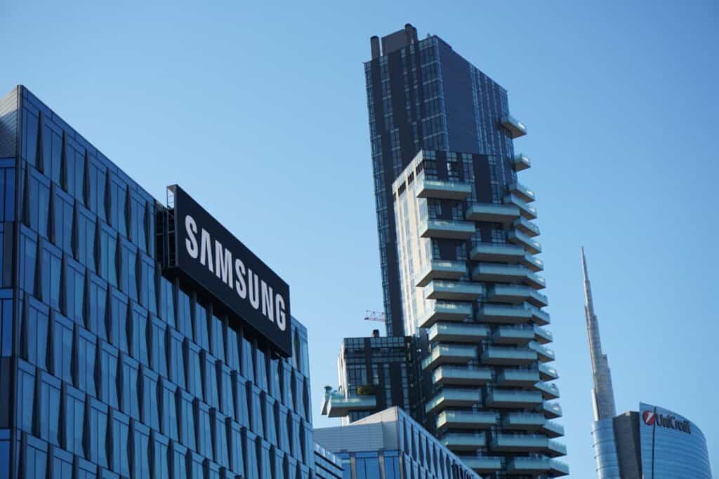 two large buildings with a samsung logo on the left building