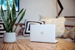White dell laptop on wood table in a living room