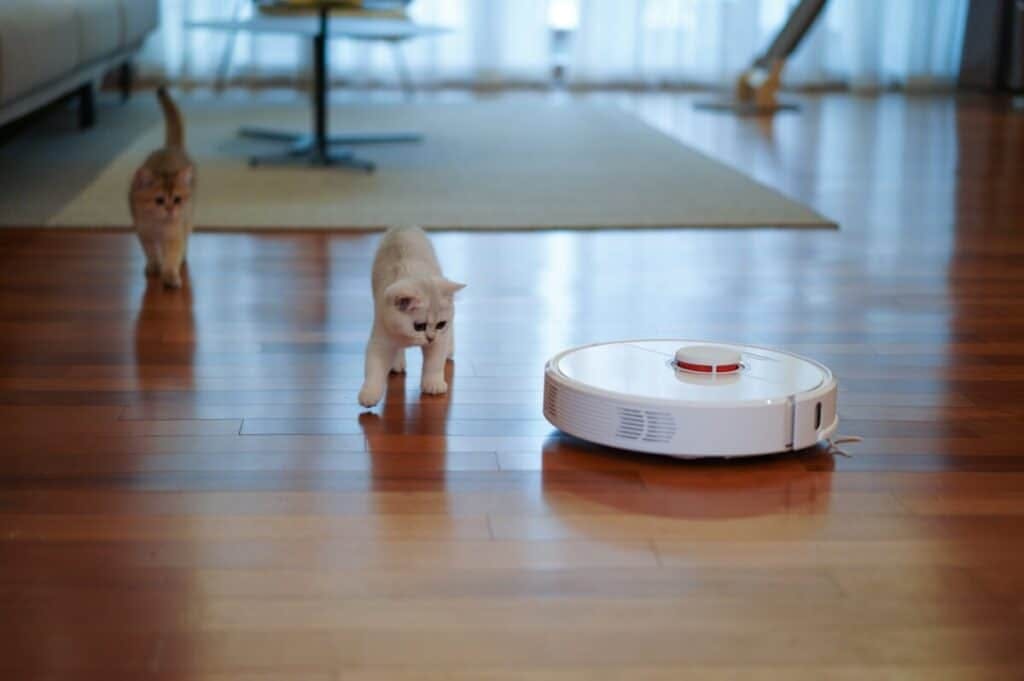 A white roomba i7 on wood floor
