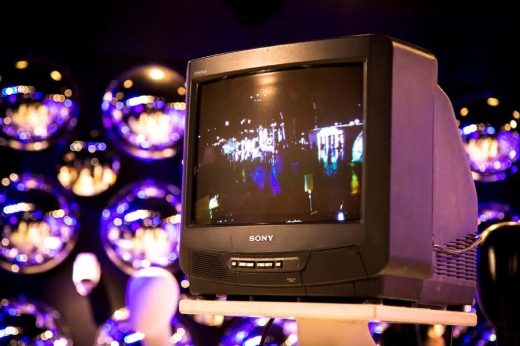 Old sony tv with lights in the background
