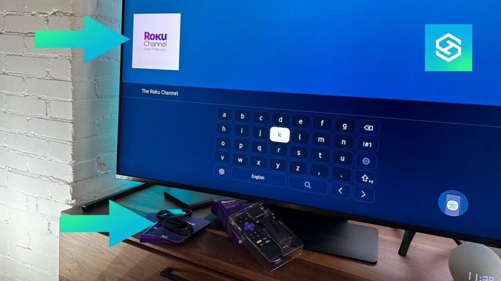 Roku device in front of Samsung tv with roku channel on screen