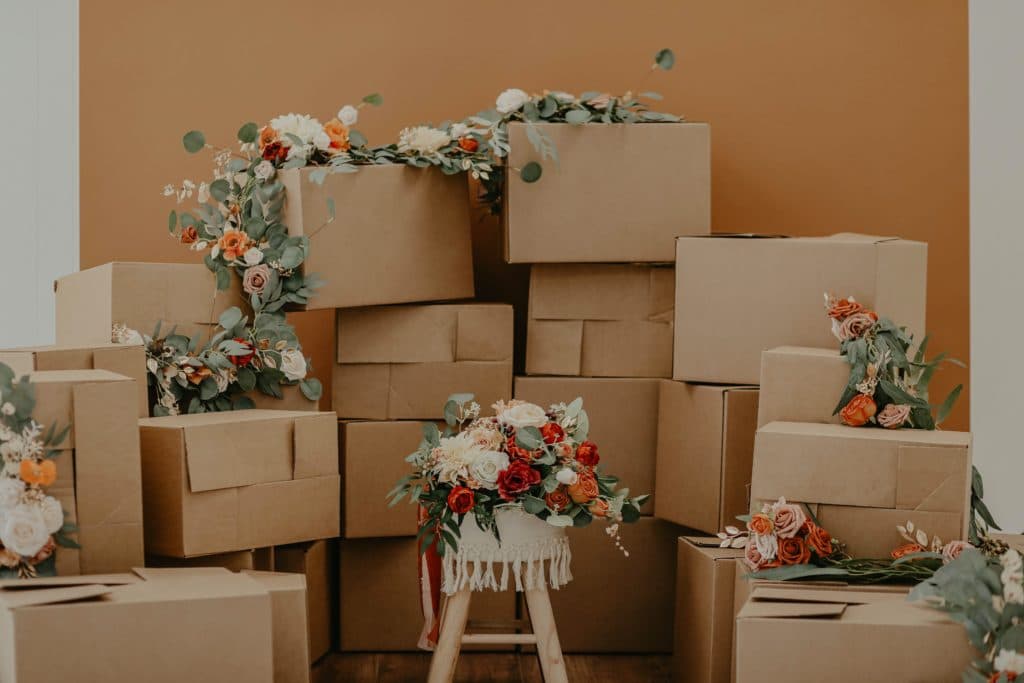 pile of boxes with flowers