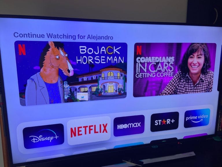 The home screen on Apple TV with Netflix logged in
