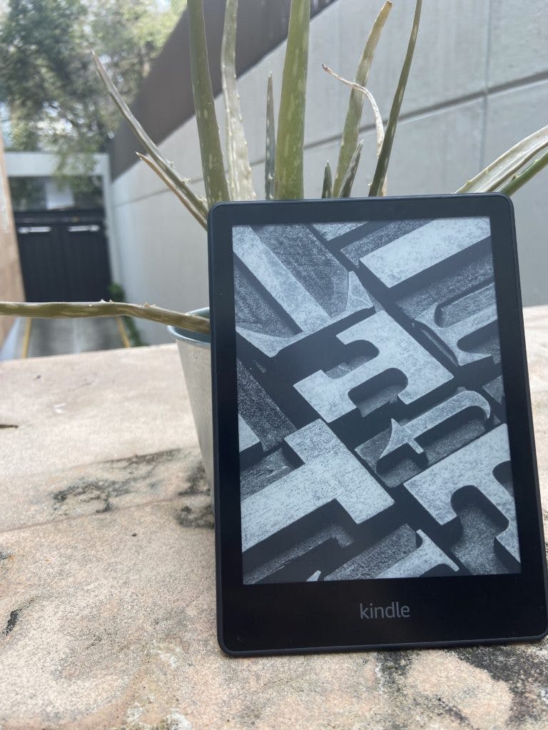 A Kindle Paperwhite outside in front of an aloe plant