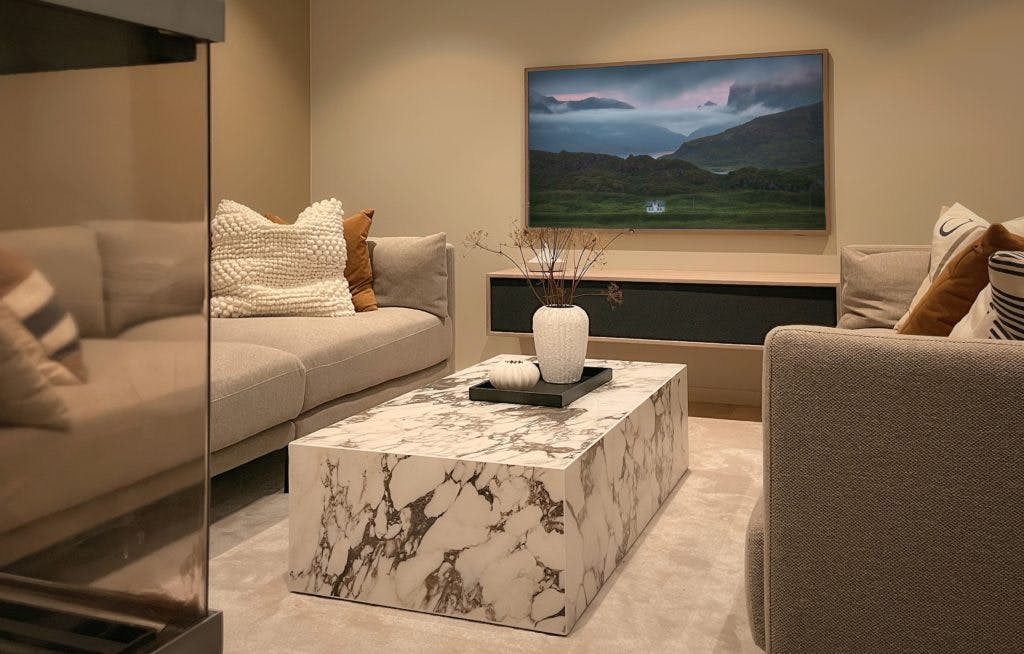 A smart TV in a cozy living room