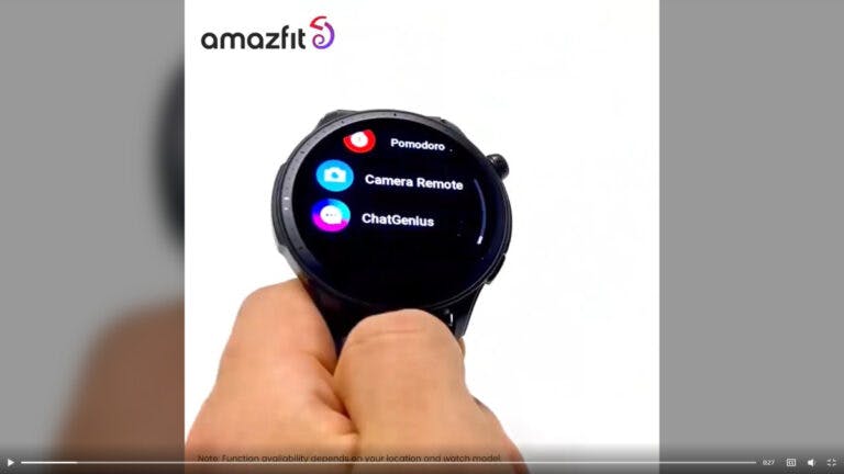 Amazfit GTR 4 smart watch with ChatGPT / ChatGenius on the screen.